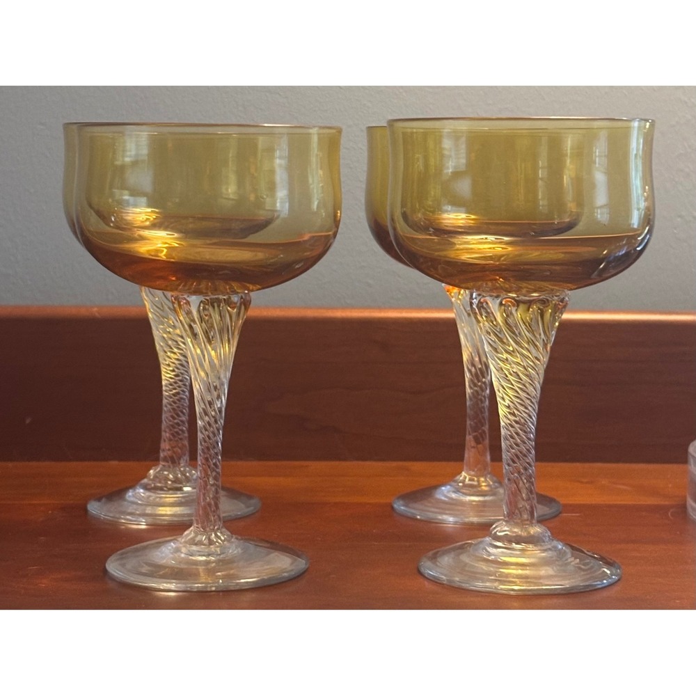 Vintage Amber Glass Champagne Coupes Set of 4 Clear Twisted Stem Cocktail MCM